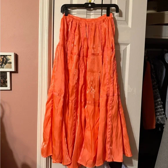 Anthropologie Satin parachute Tiered Maxi Skirt in Bright Coral - Picture 4 of 7